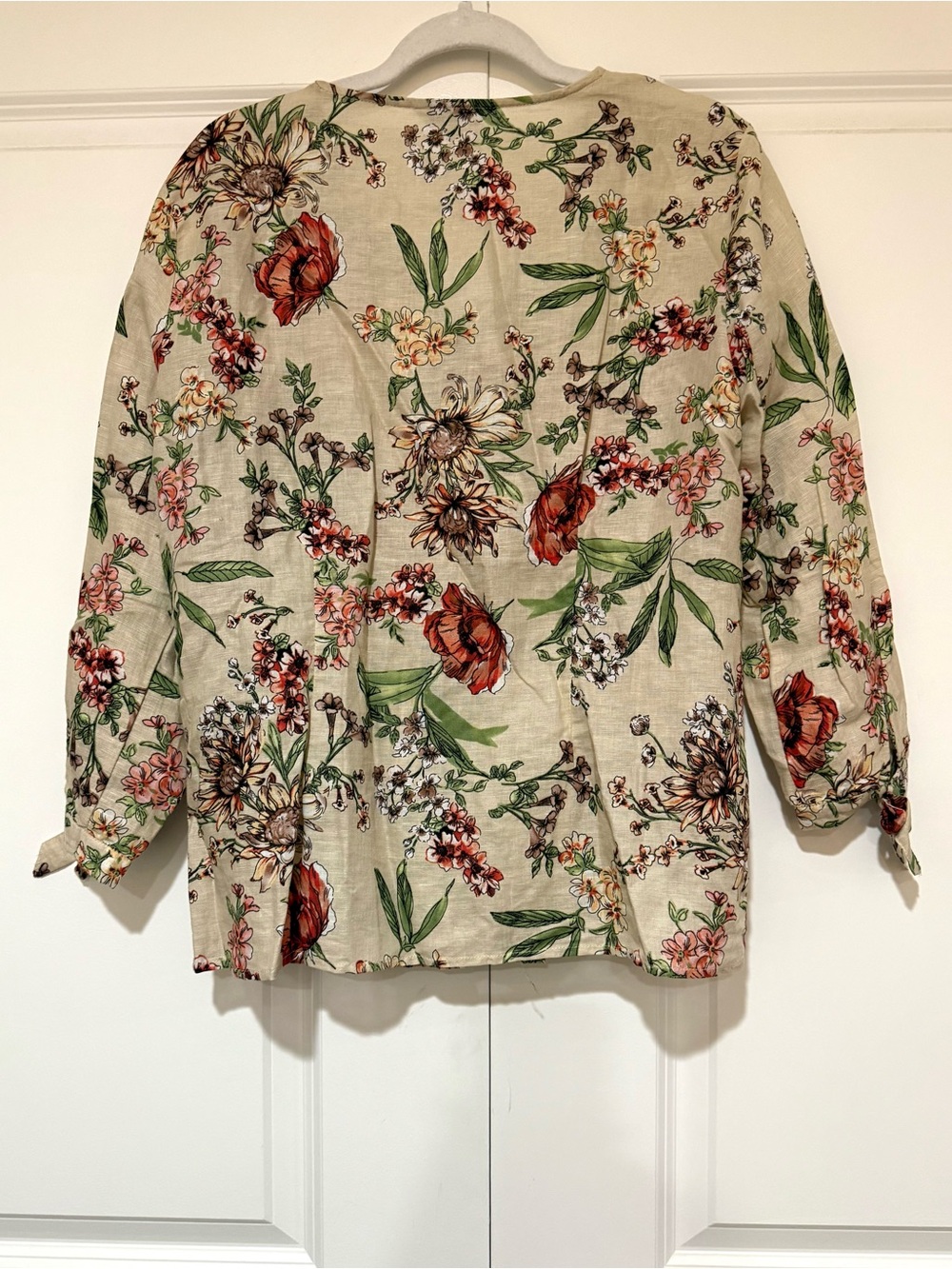Linen Blend Floral Print Button-Down Women’s Shirt in Beige - Picture 3 of 4